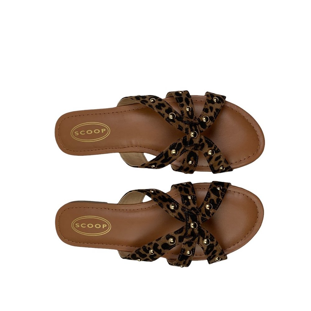 Scoop Leopard/Animal Print/Cheetah Print Faux Suede Studded Sandals Women's 8.5 - Picture 2 of 4